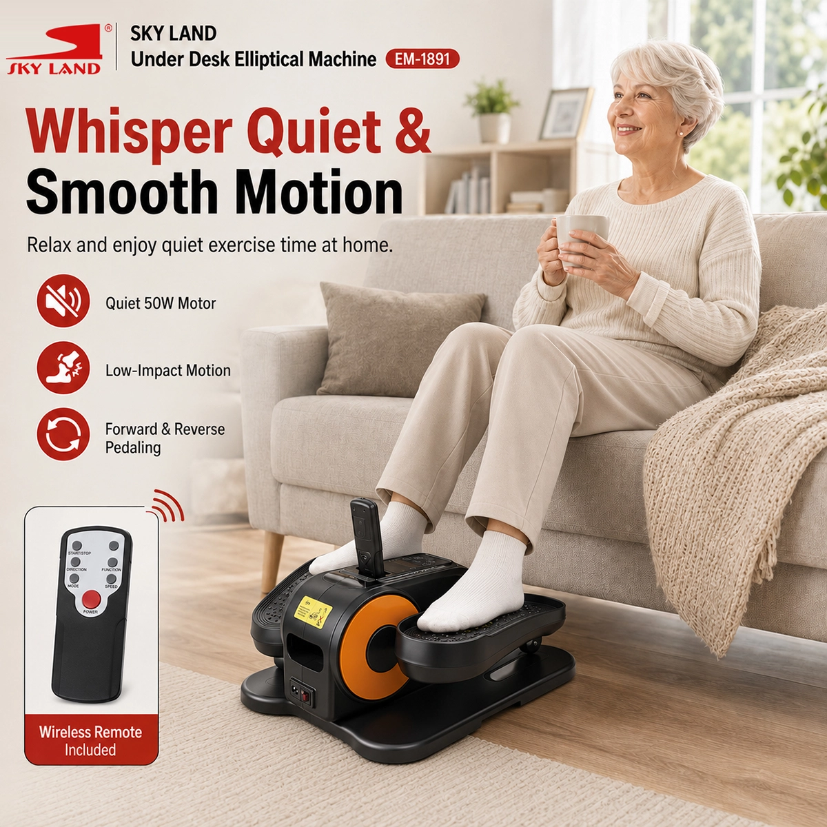 SKY LAND Under Desk Elliptical Pedal Exerciser with Remote, EM-1891 - Image 2