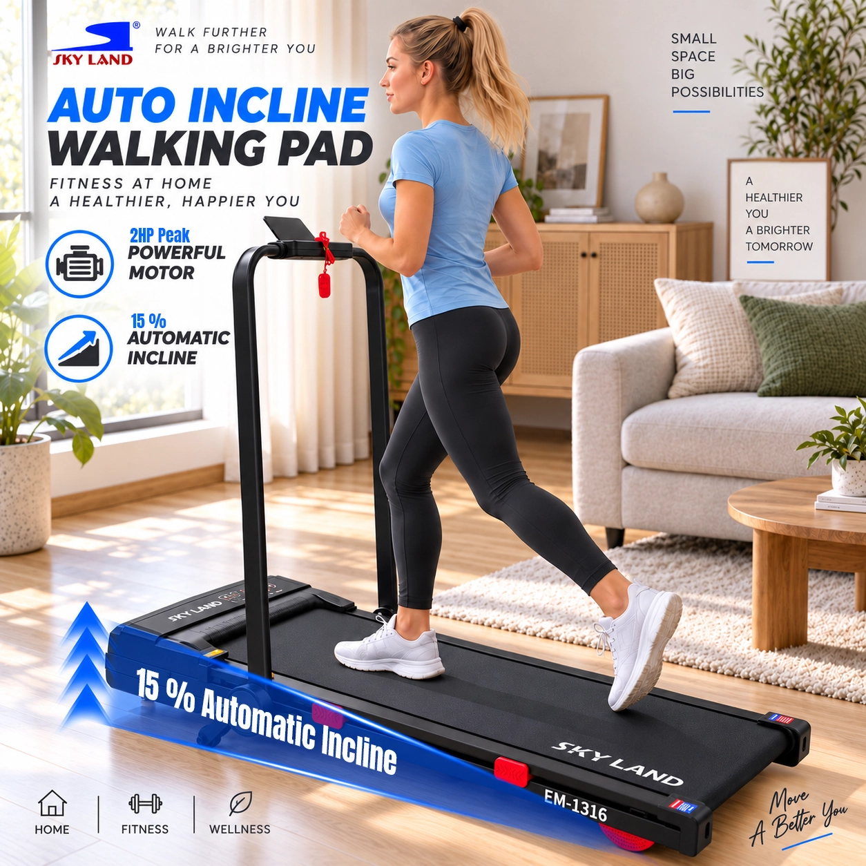 SKY LAND Walking Pad Treadmill with 15-Level Auto Incline, EM-1316 - Image 2