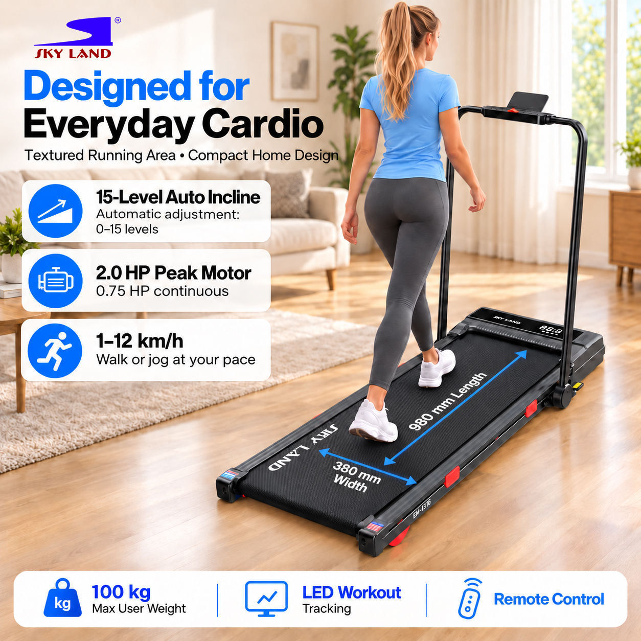SKY LAND Walking Pad Treadmill with 15-Level Auto Incline, EM-1316 - Image 4