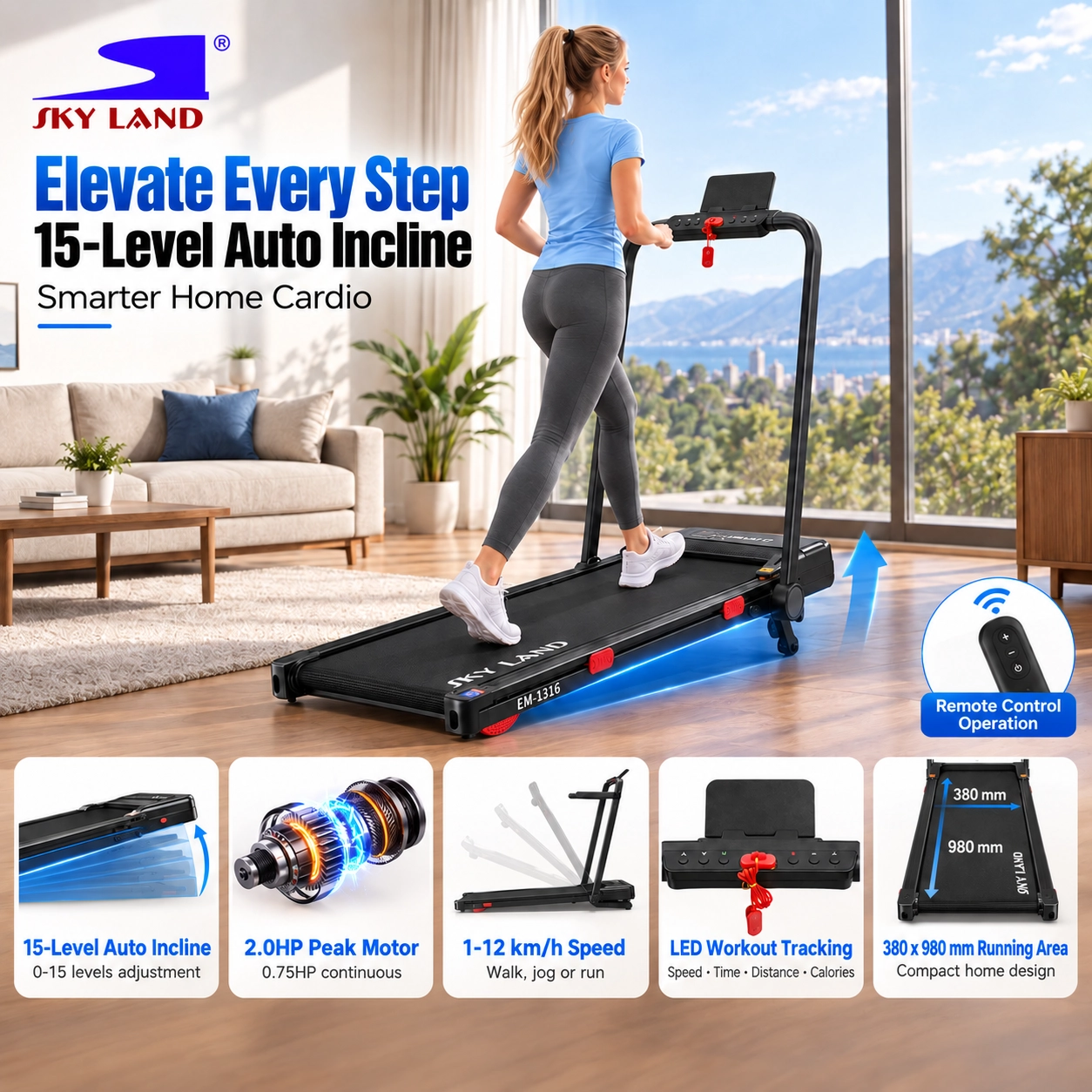 SKY LAND Walking Pad Treadmill with 15-Level Auto Incline, EM-1316 - Image 3