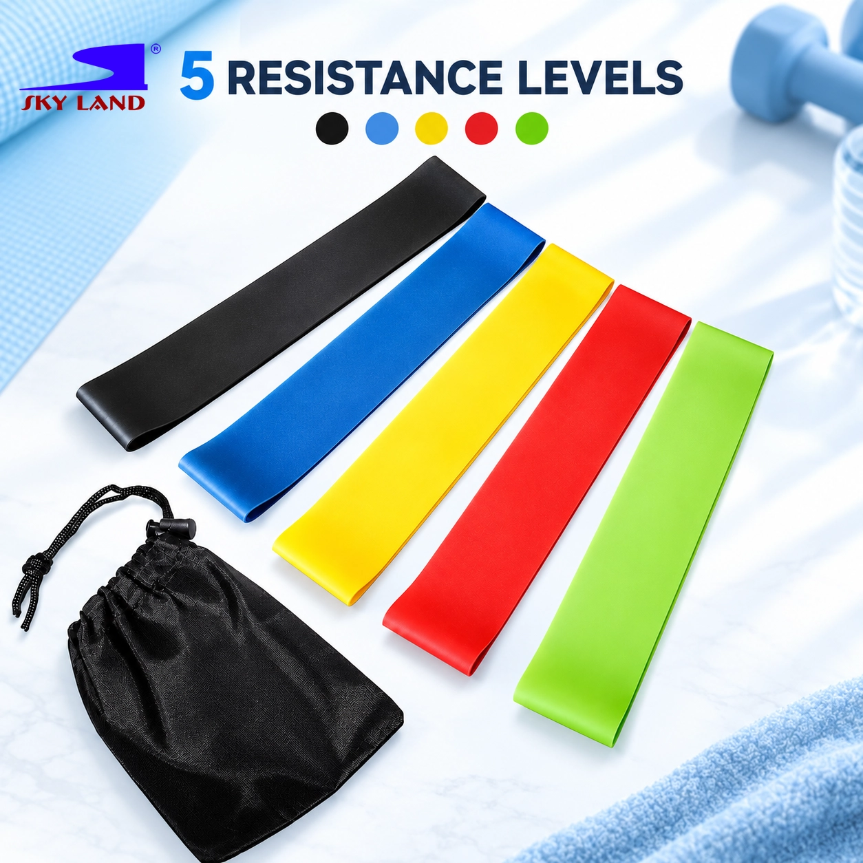SKY LAND Resistance Band Set with 5 Levels and Carry Pouch EM-9241 - Image 2
