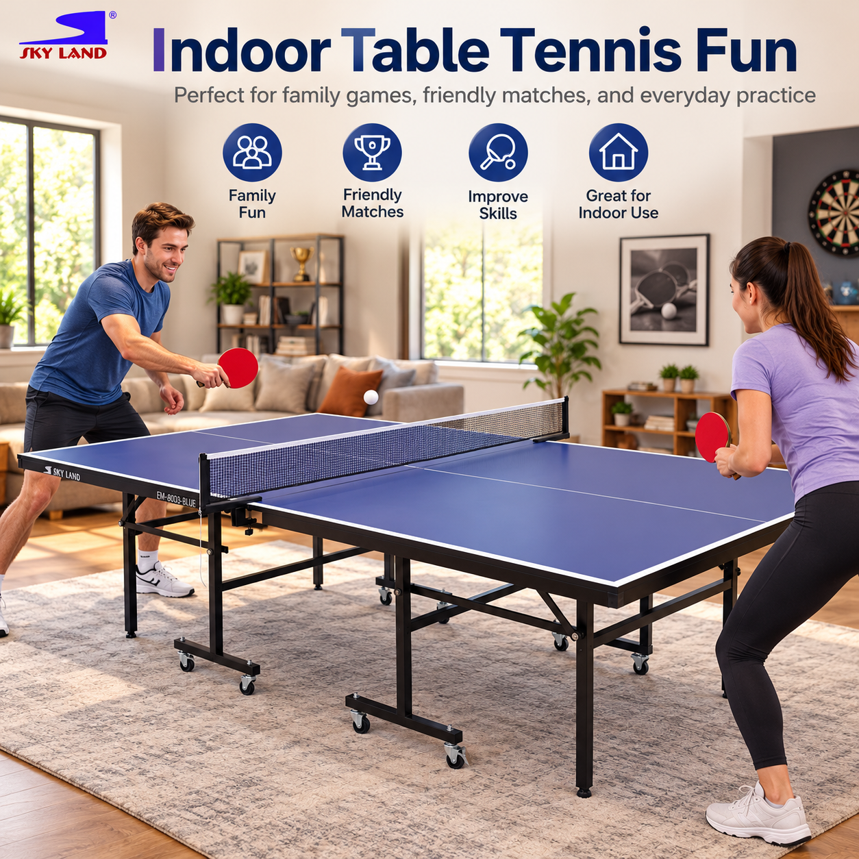 SKY LAND EM-8003-BLUE Full Size Indoor Table Tennis Table – 12mm Top - Image 2