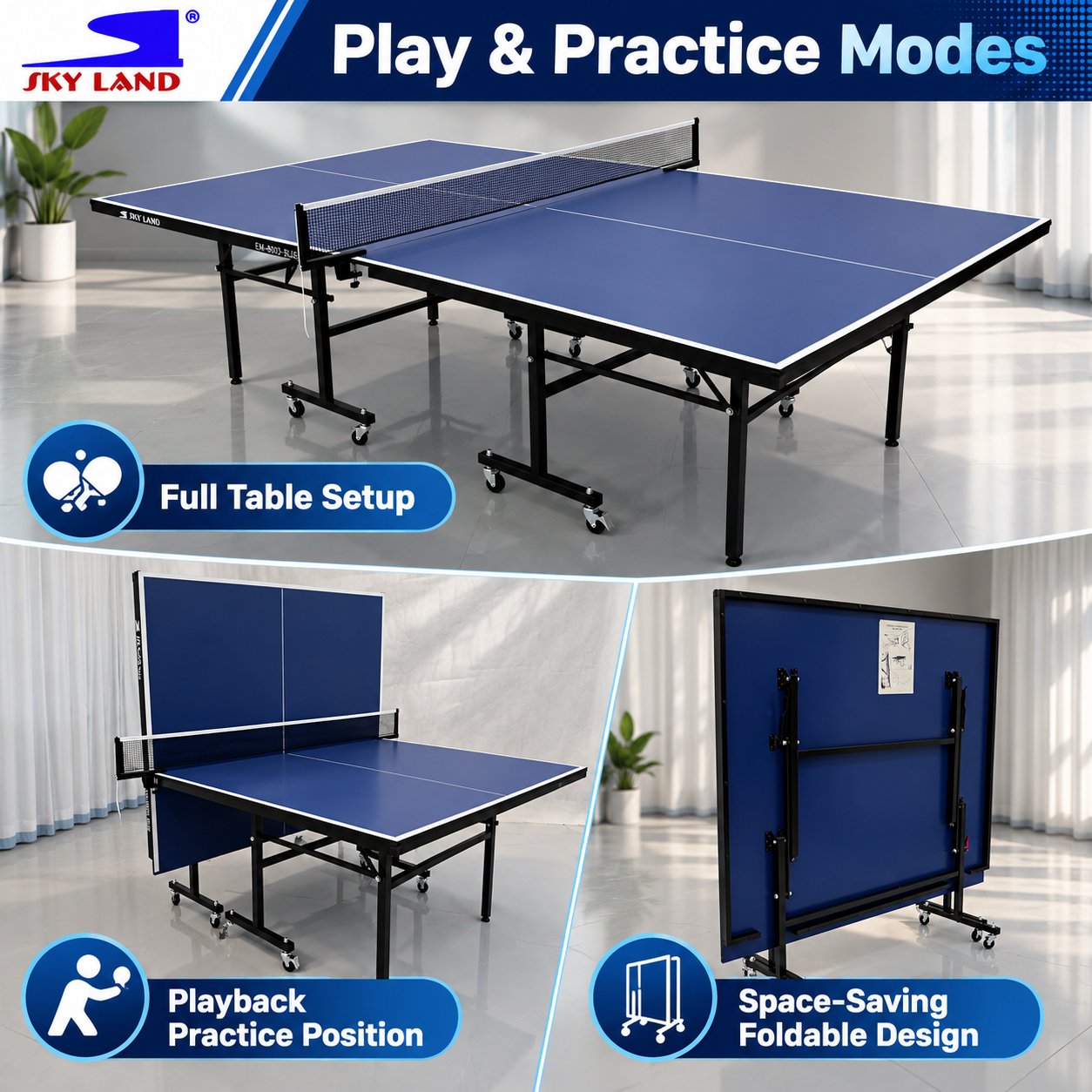SKY LAND EM-8003-BLUE Full Size Indoor Table Tennis Table – 12mm Top - Image 5