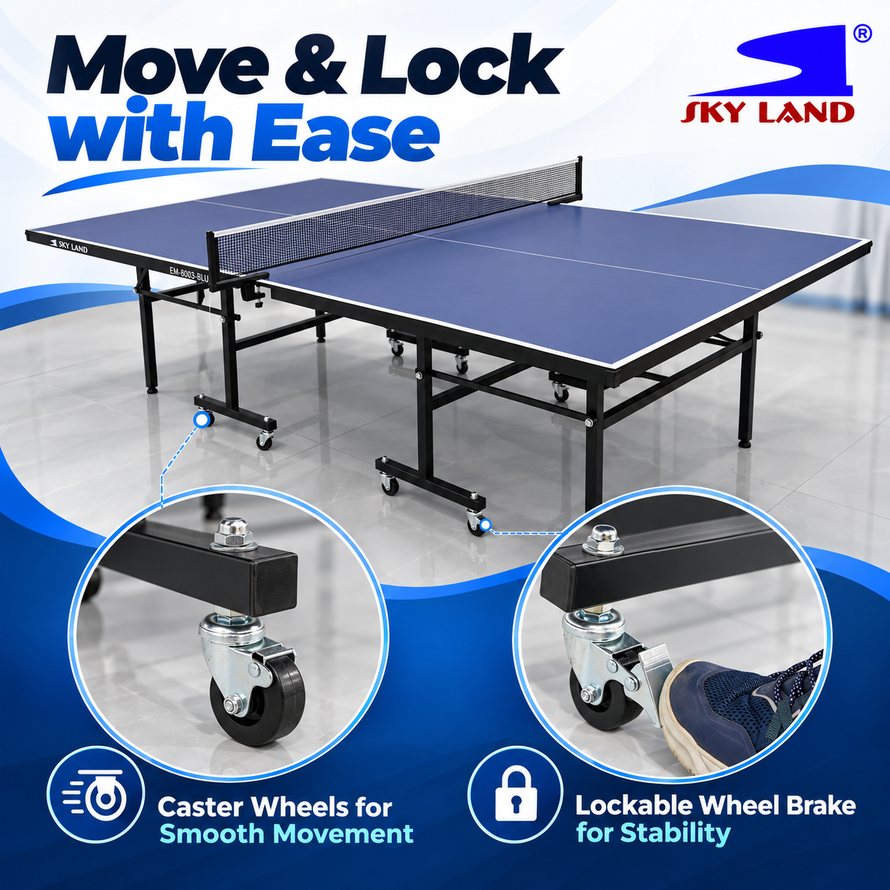 SKY LAND EM-8003-BLUE Full Size Indoor Table Tennis Table – 12mm Top - Image 4